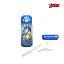 Load image into Gallery viewer, Totsafe Disney Marvel Kids Stainless Steel Insulated Sippy Bottle 354mL (with extra sippy & straw replacement)